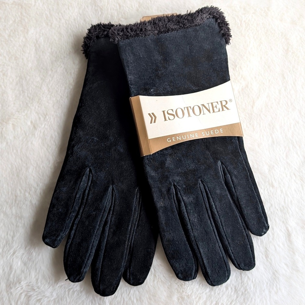 Isotoner Womens Genuine Suede Gloves Black Faux Fur Trim XL NWT